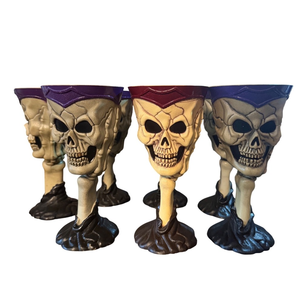 E.U. Vtg Skeleton Skull Goblets Set of 7 Halloween Gothic Plastic Chalices Retro